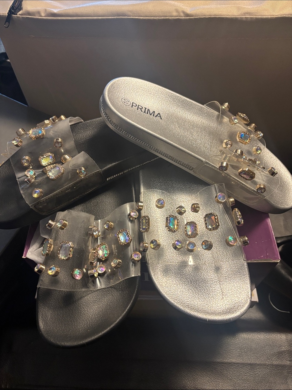 2 pair of Prima Women's Clear Jewel Slide Sandals - Silver & Black